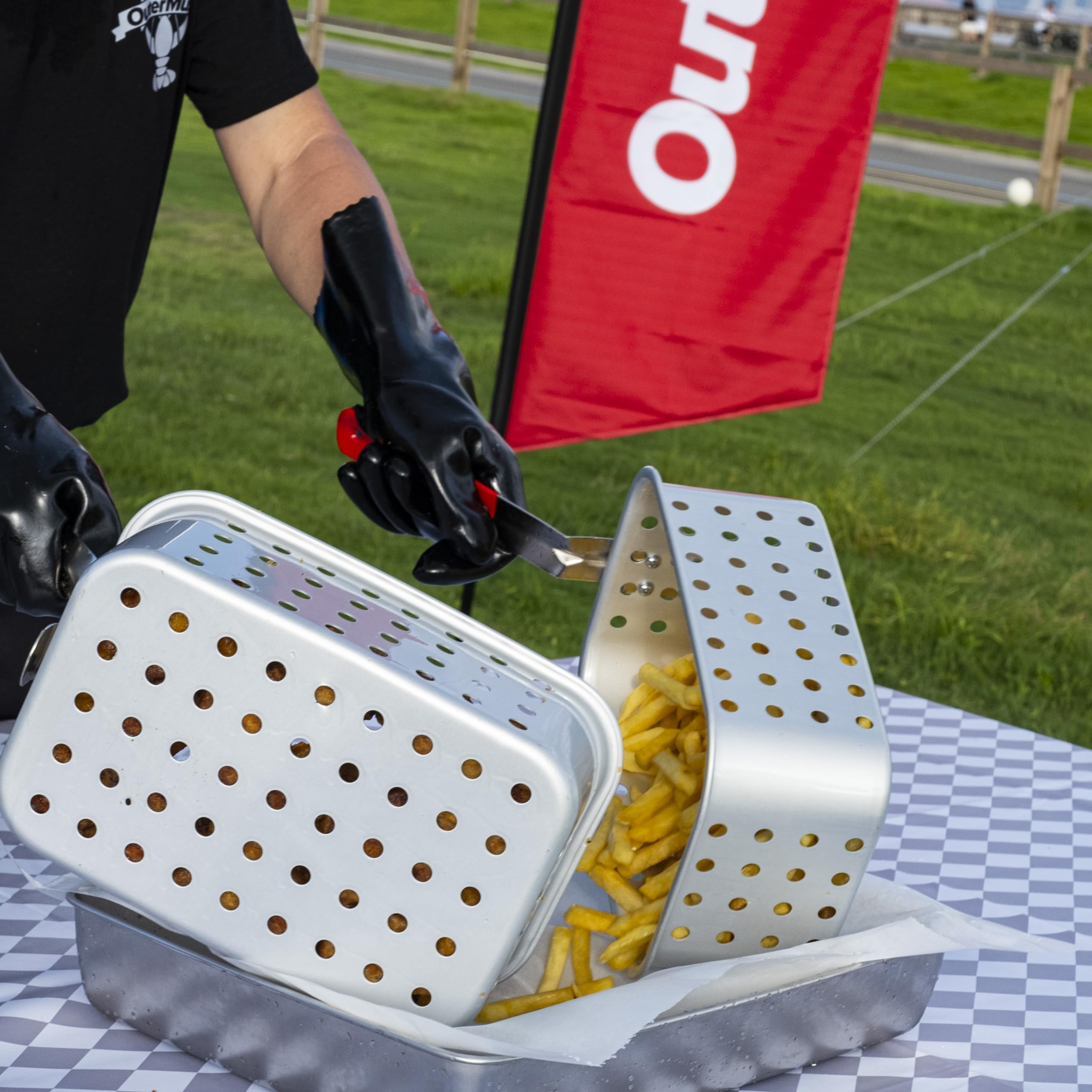 OuterMust side profile on stand showing stable setup for safe outdoor use