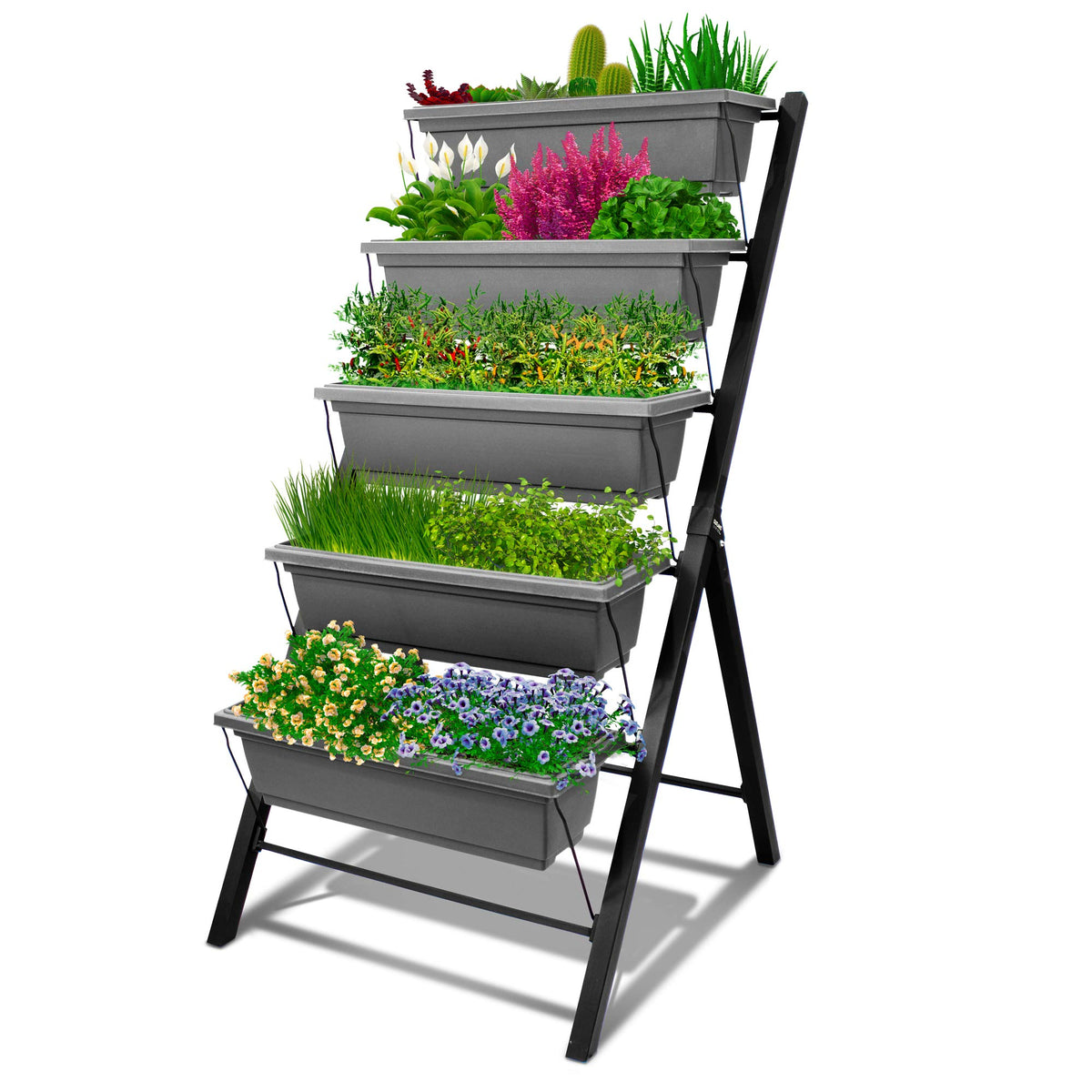 Outland Living front view assembled showing five tiers and compact footprint benefit
