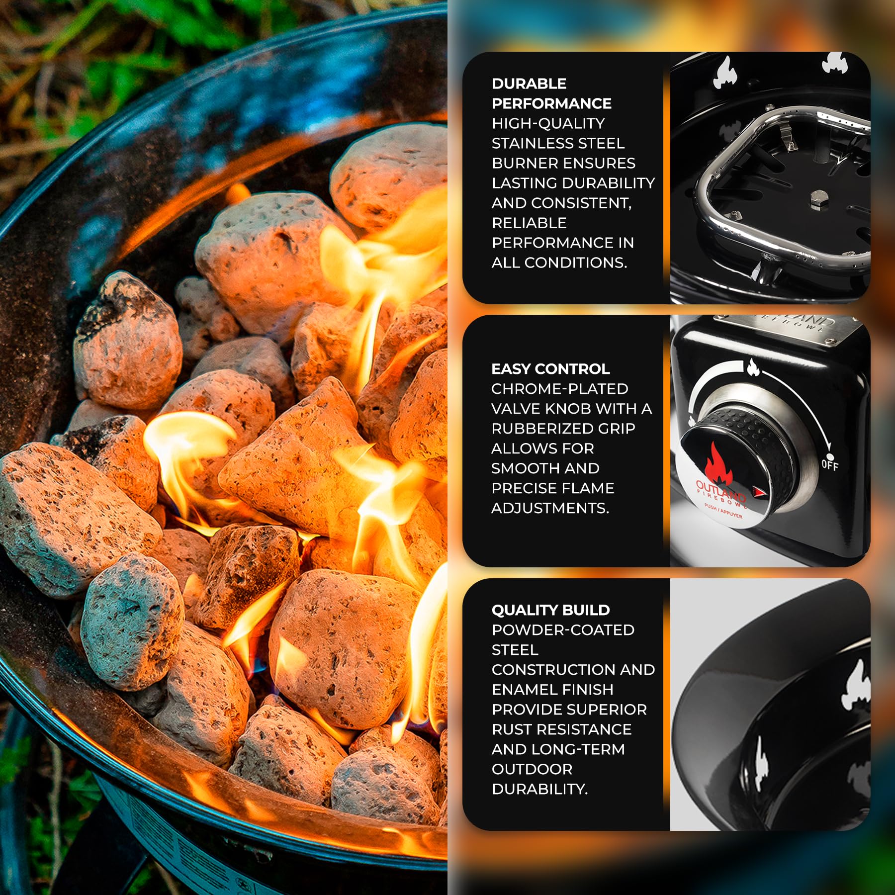 Outland Living firebowl in camping scene offering quick warm campfire benefit