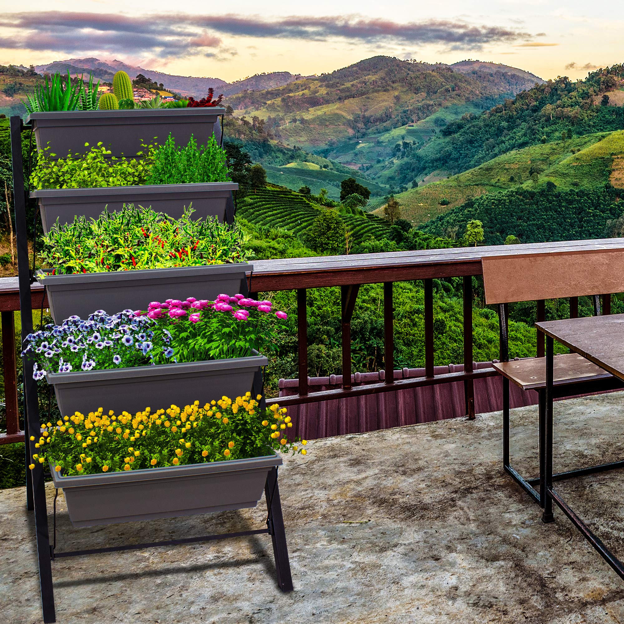 Outland Living lifestyle patio display with mixed plants for attractive outdoor styling benefit