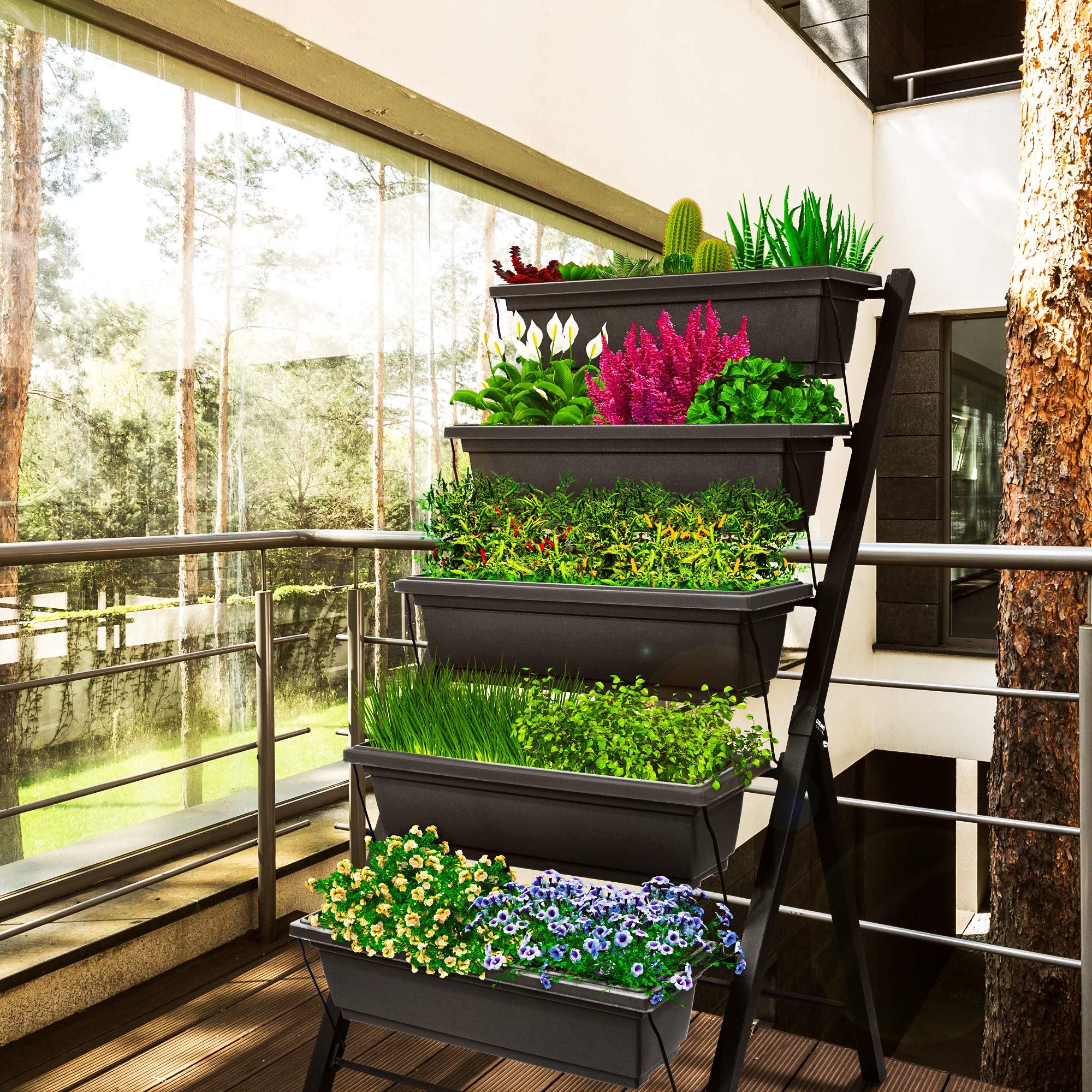 Outland Living scale comparison on balcony showing space-saving vertical gardening benefit
