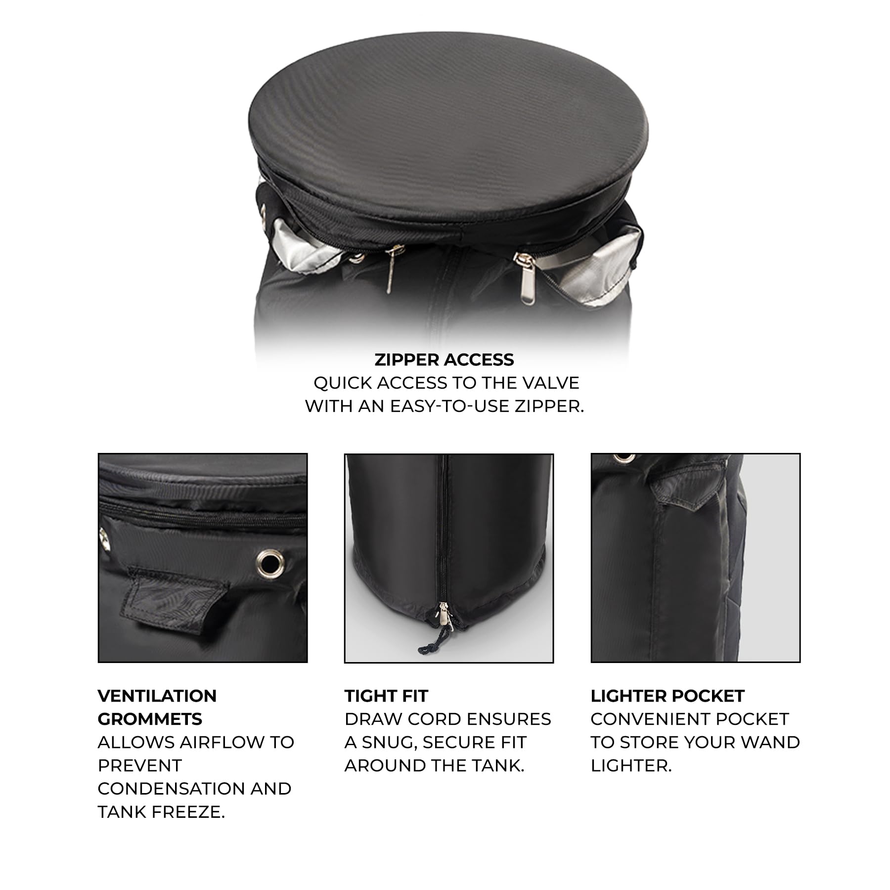Outland Living cover next to patio chair showing size and 20 lb tank fit