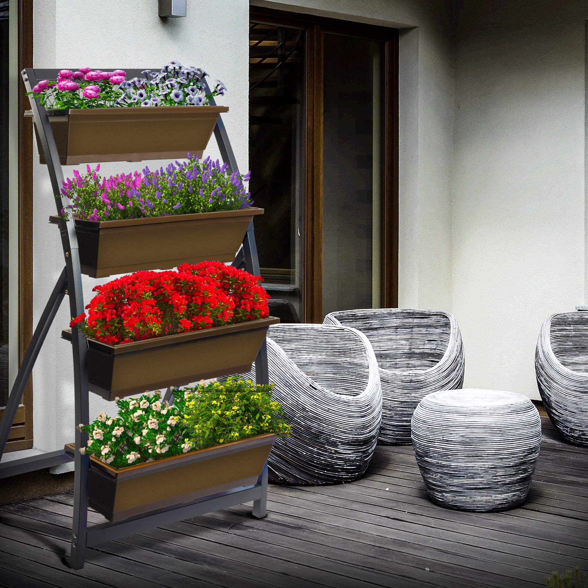 Outland Living beside a chair to show scale and how it fits small outdoor spaces