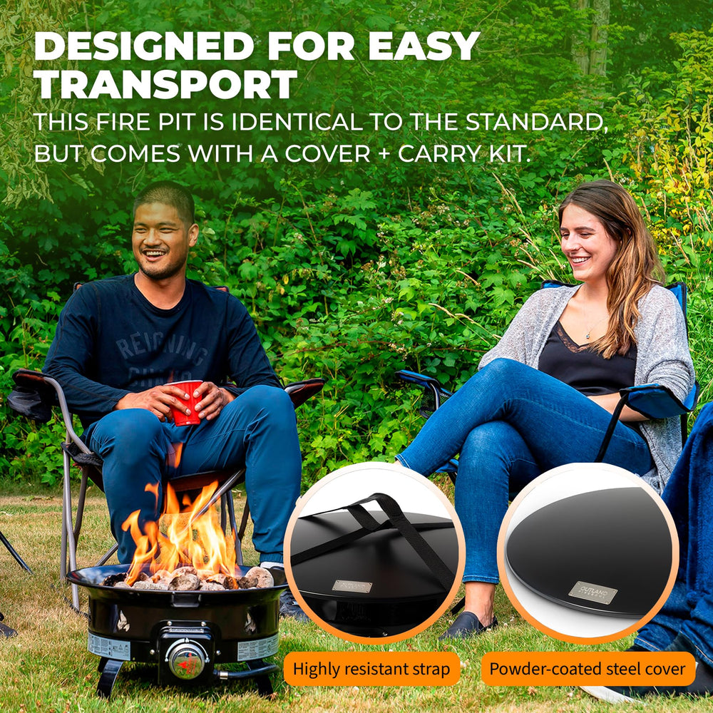 Outland Living beside chairs showing 19‑inch scale and portability benefit