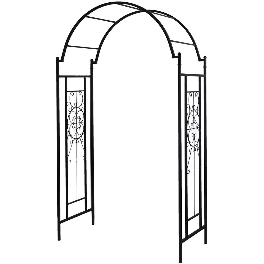 OUTOUR front view of iron garden arch showing elegant entry and curb appeal