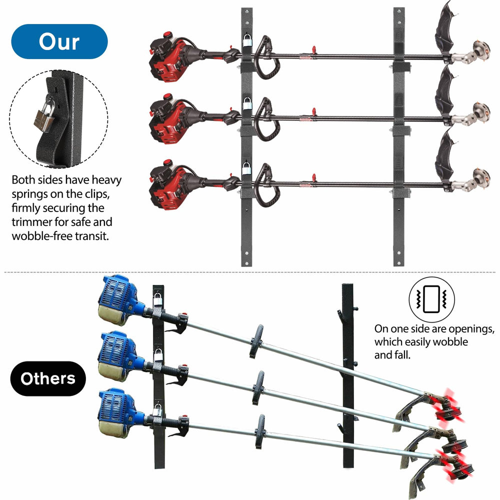 OUTPRIZE three trimmers mounted in rack demonstrating protected, tangle-free storage