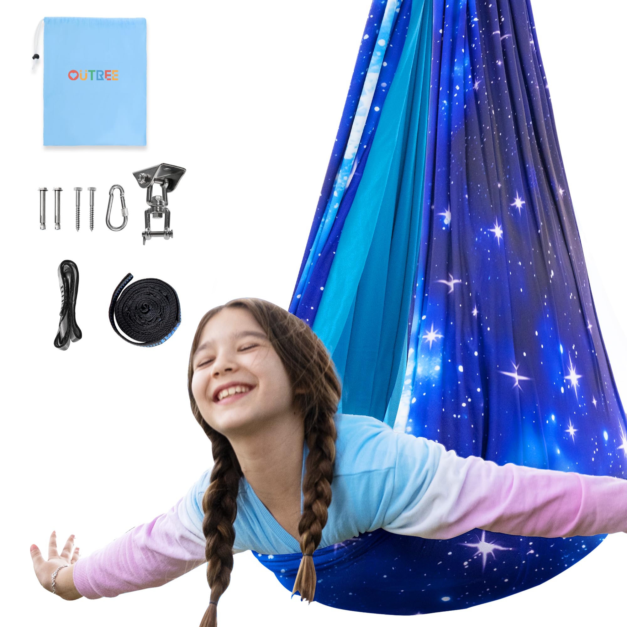 OUTREE front view of blue starry-sky sensory swing, inviting calm play