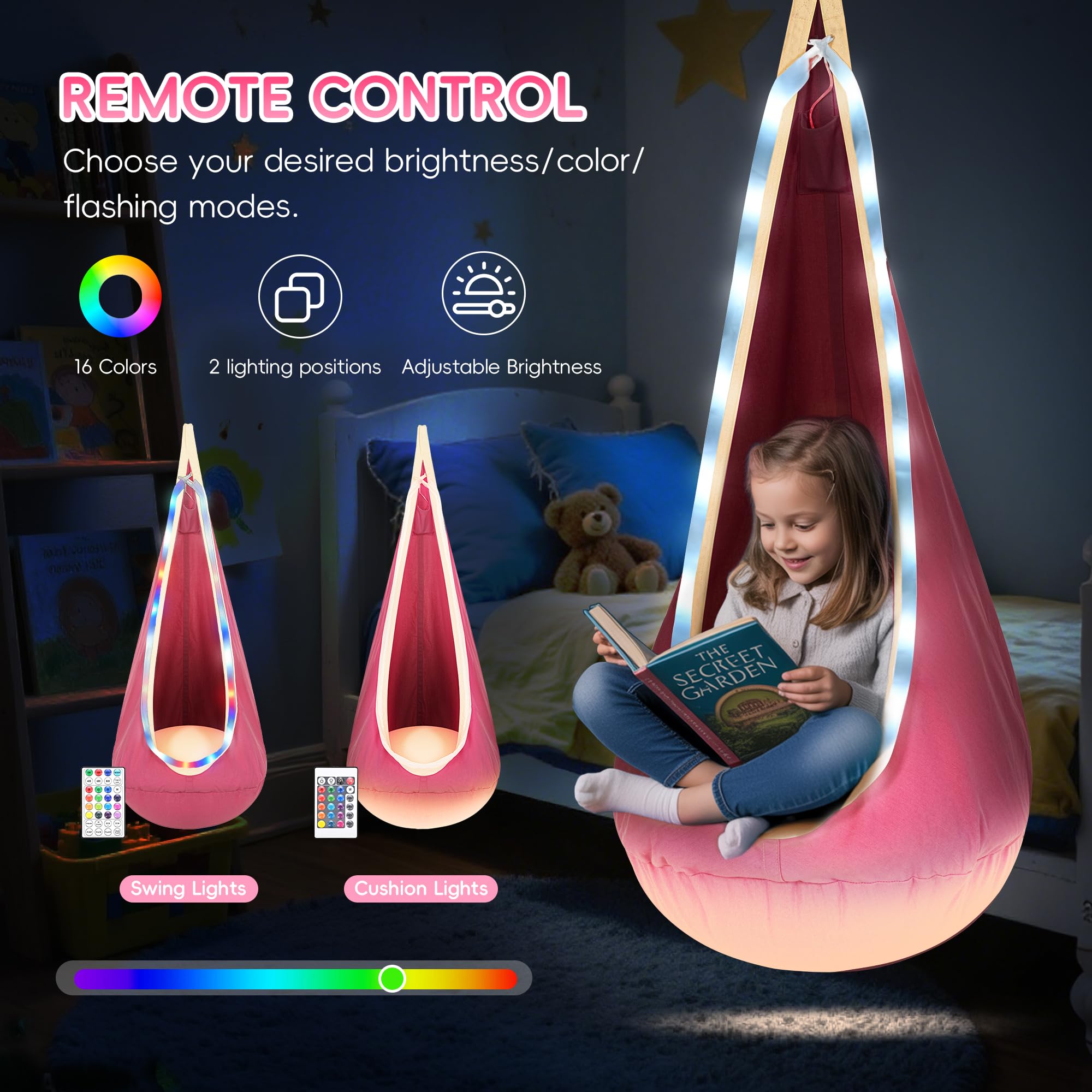 OUTREE close-up of LED strip inside pod swing displaying color options benefit