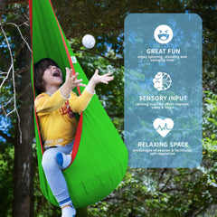 OUTREE child sitting inside pod swing demonstrating calming comfort