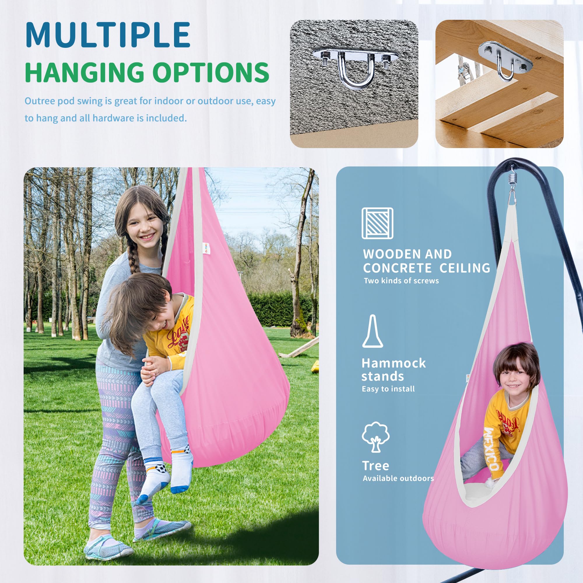 OUTREE pod swing reinforced stitching detail highlighting durable construction and safety