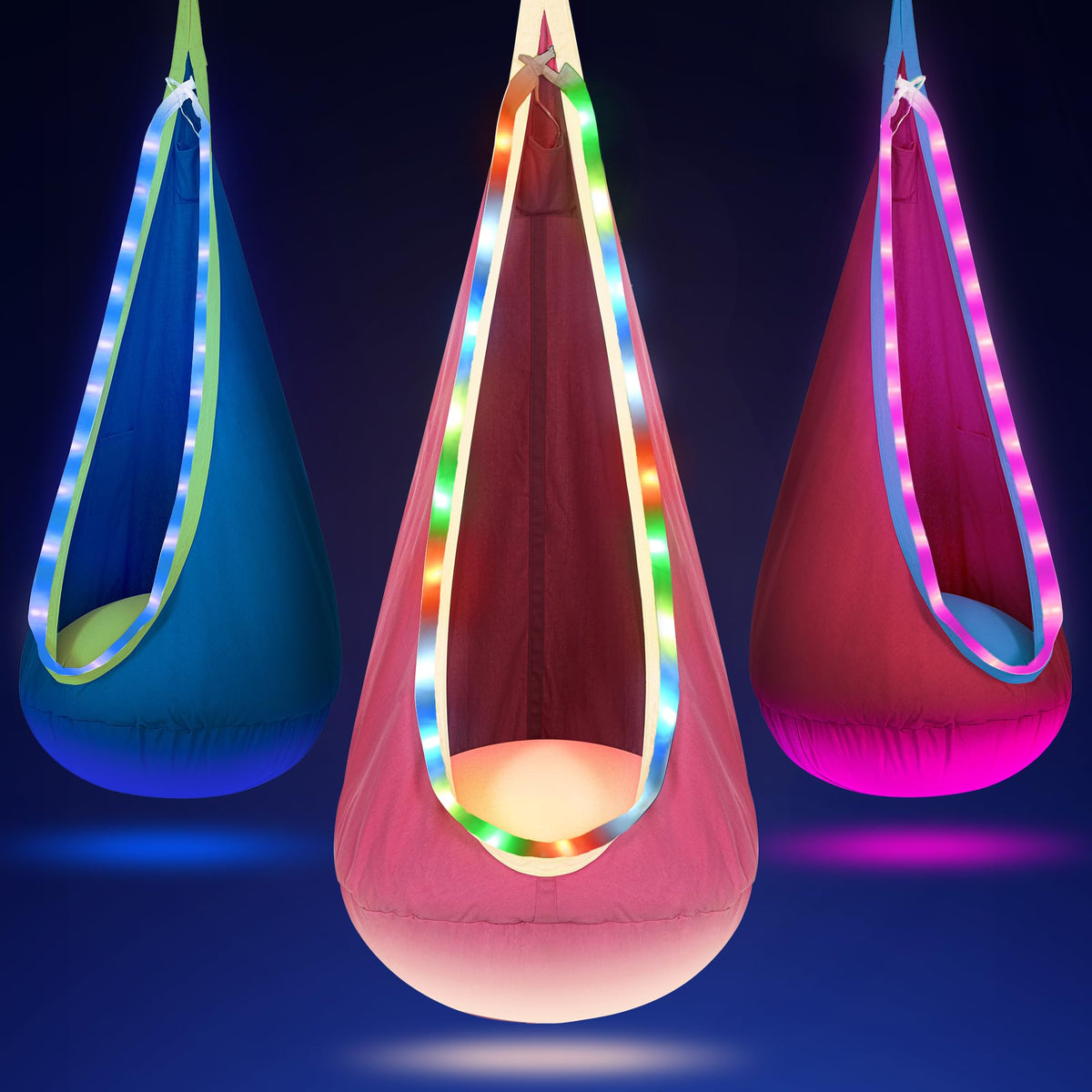 OUTREE front view of pink pod swing showing cozy entry and LED glow benefit
