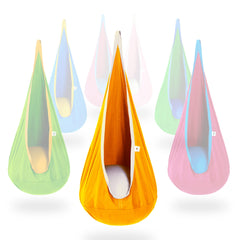 OUTREE front view of yellow and white pod swing showing safe cozy seat