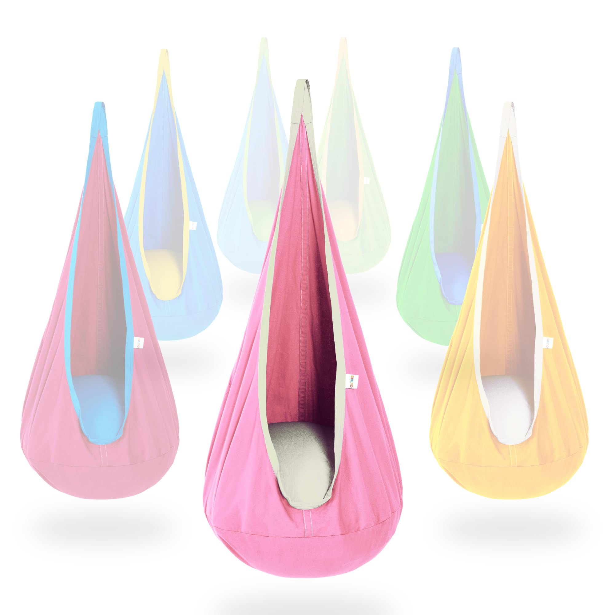 OUTREE pod swing front view showing enclosed seat and inviting entry for cozy play