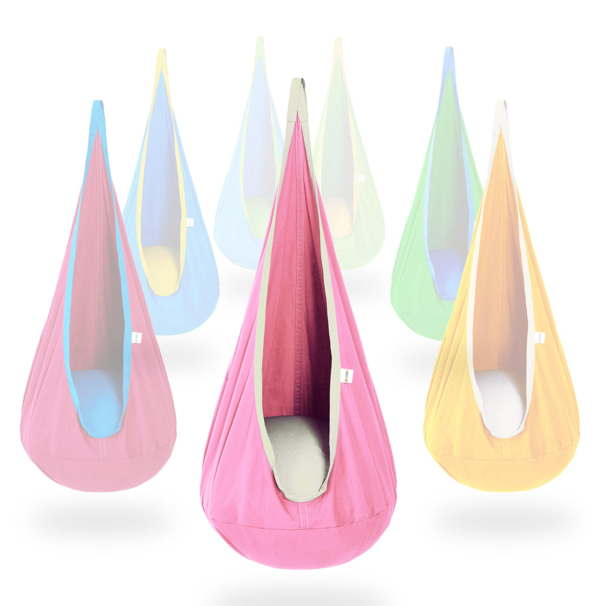 OUTREE pod swing front view showing enclosed seat and inviting entry for cozy play