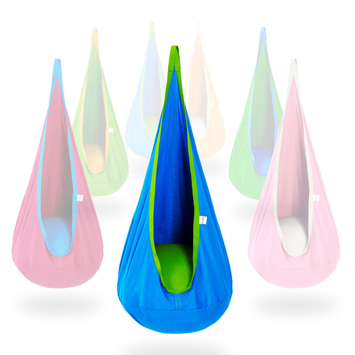 OUTREE front view pod swing showing cozy enclosed seat and blue fabric benefit comfort