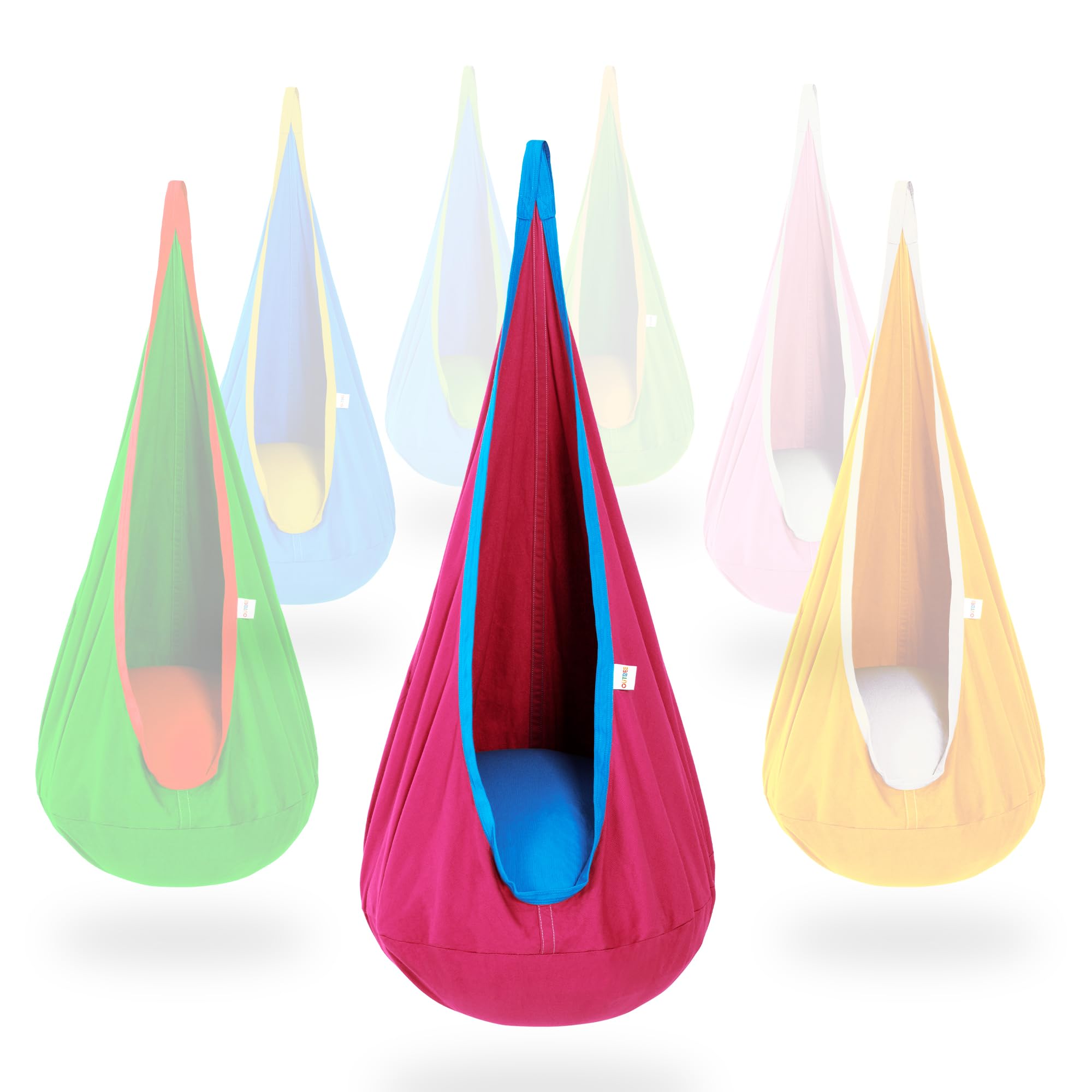 OUTREE pod swing front view showing pink and blue cocoon for a cozy play space