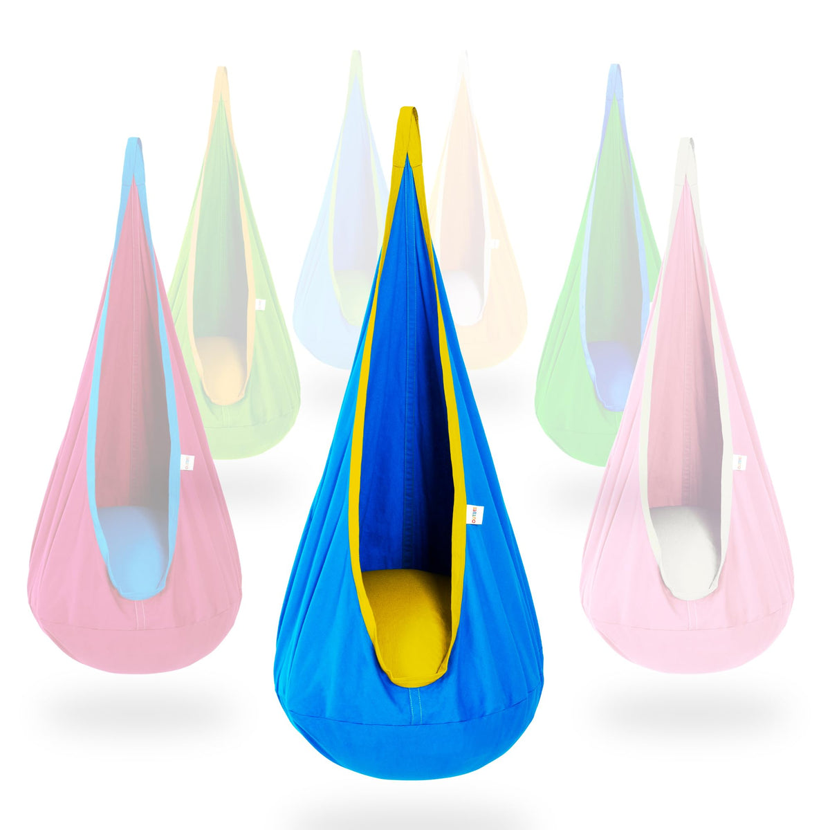 OUTREE pod swing front view showing blue and yellow design and comfortable seat