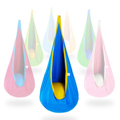 OUTREE pod swing front view showing blue and yellow design and comfortable seat
