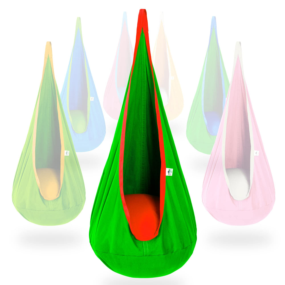 OUTREE front view of green pod swing highlighting secure seat and cozy shape