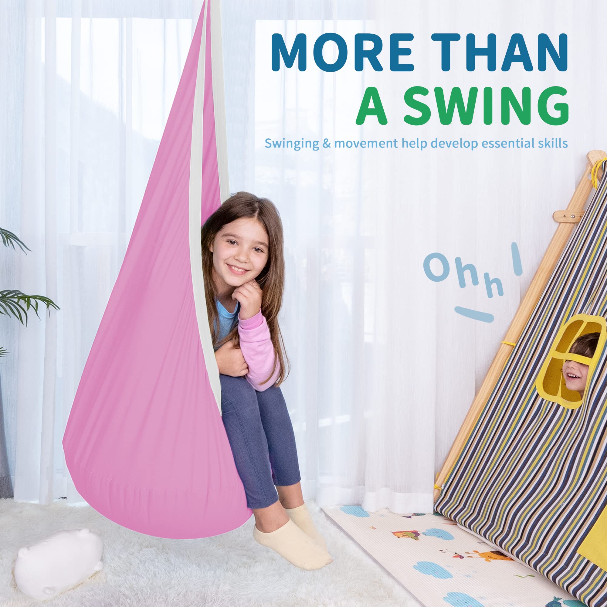 OUTREE pod swing hung from a tree demonstrating outdoor use and shaded relaxation