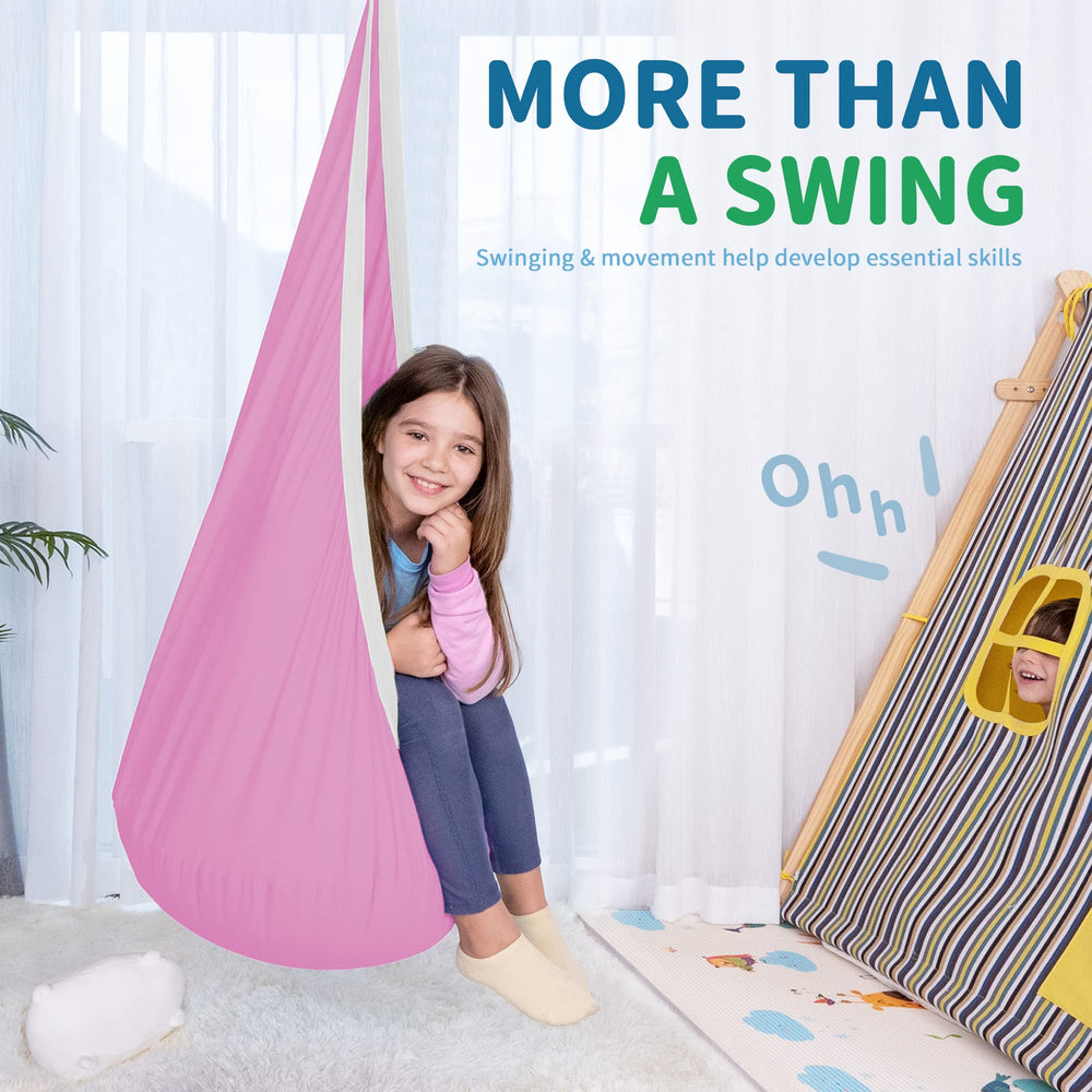 OUTREE pod swing hung from a tree demonstrating outdoor use and shaded relaxation