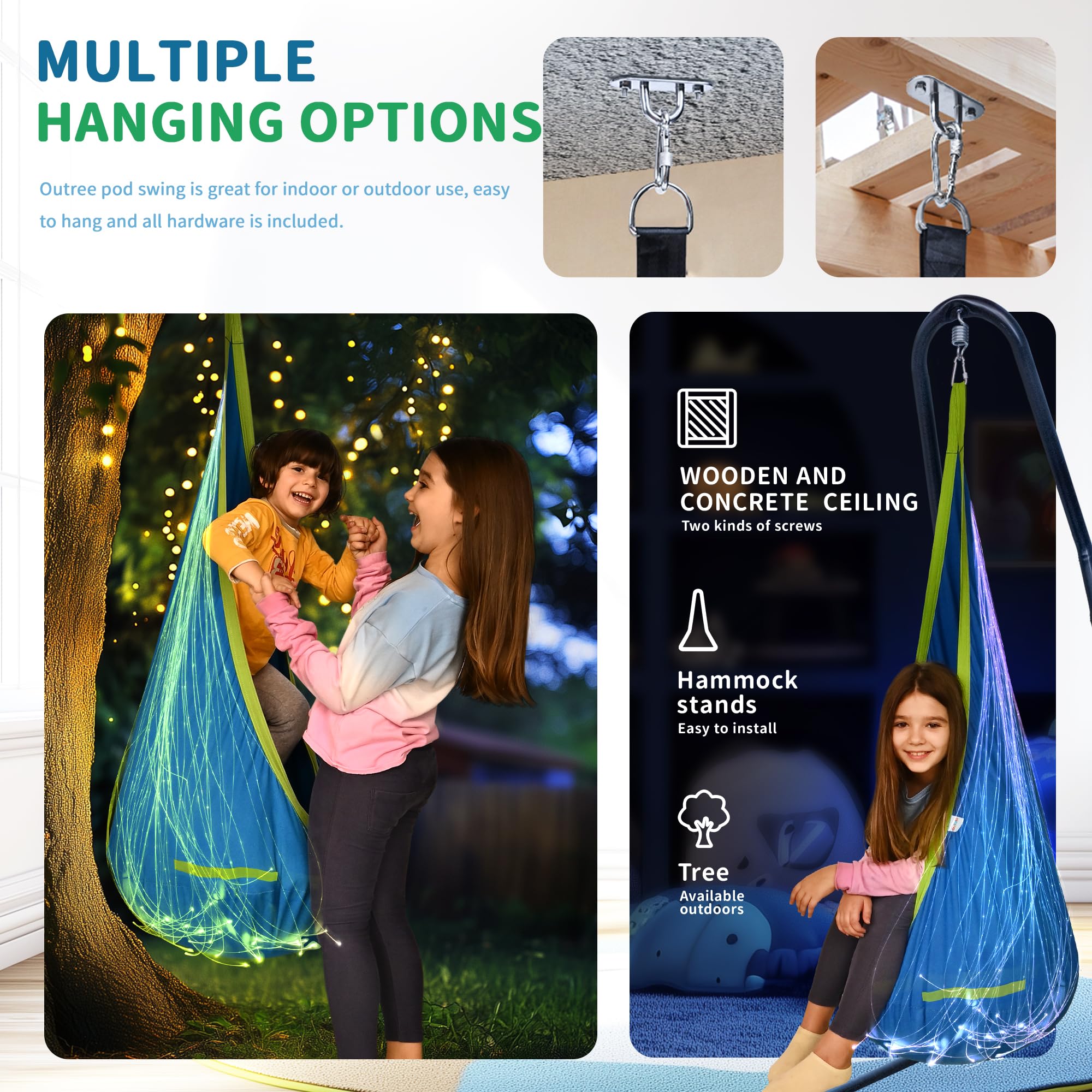OUTREE pod swing hung outdoors on a branch offering portable relaxation space