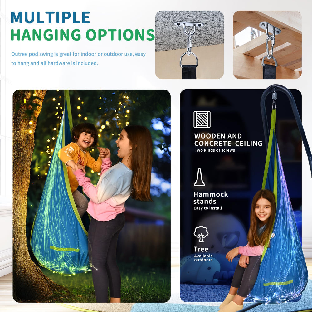 OUTREE pod swing hung outdoors on a branch offering portable relaxation space
