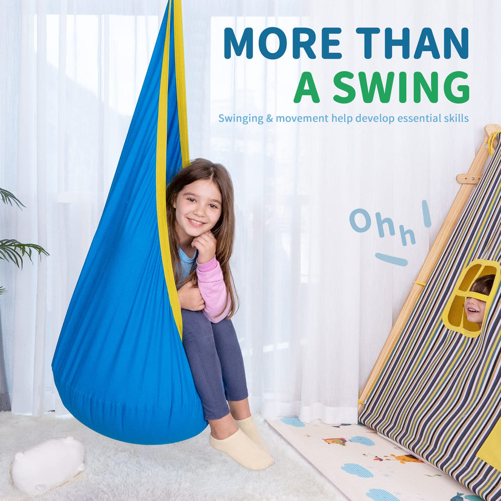 OUTREE pod swing next to child showing size and supportive seating for kids