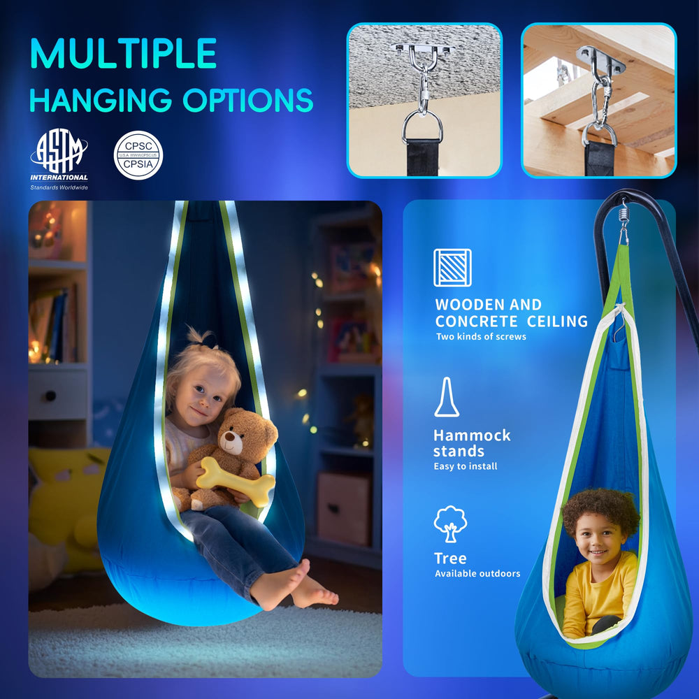 OUTREE swing next to a child for scale showing compact footprint benefit
