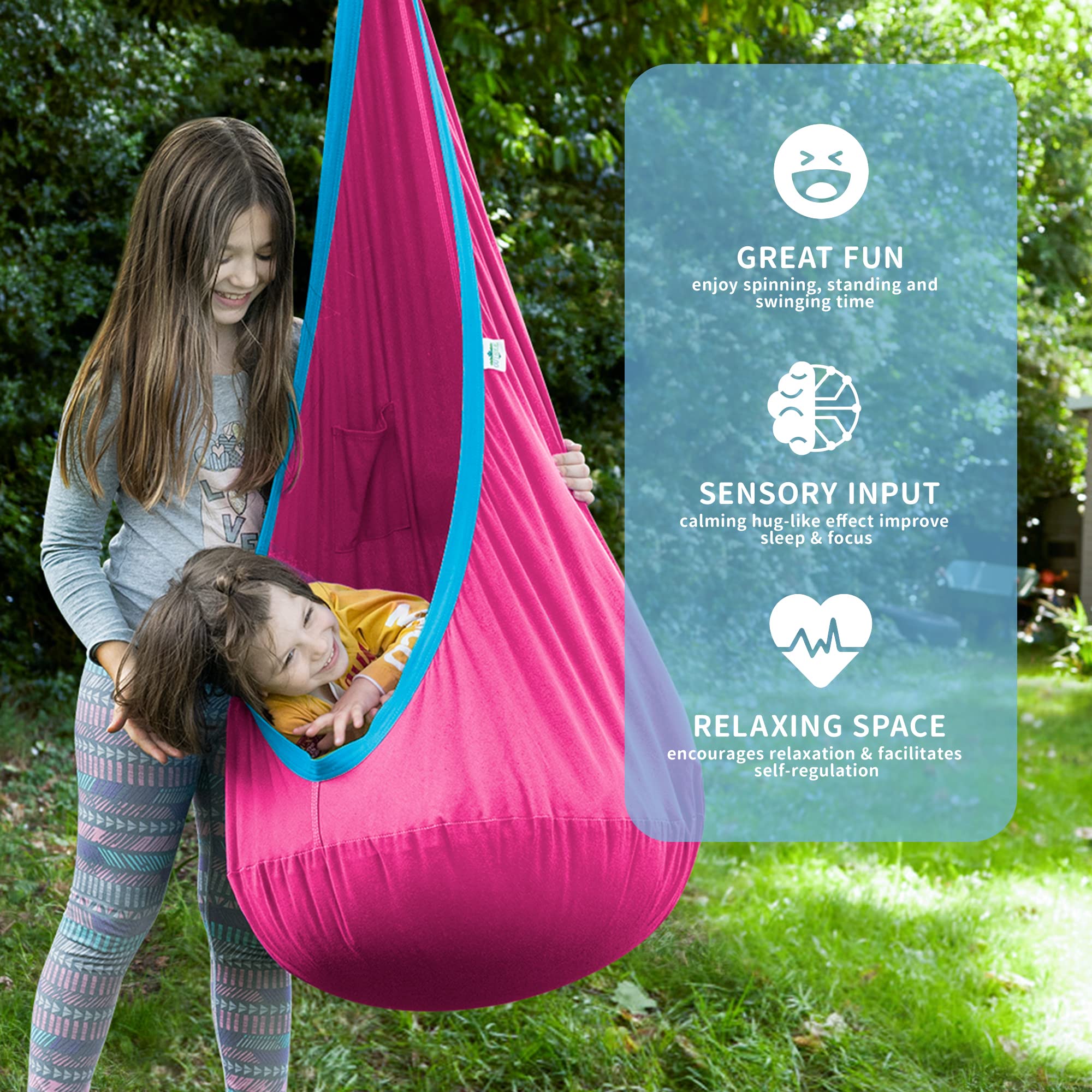OUTREE pod swing next to chair to show scale and 100-pound support capacity