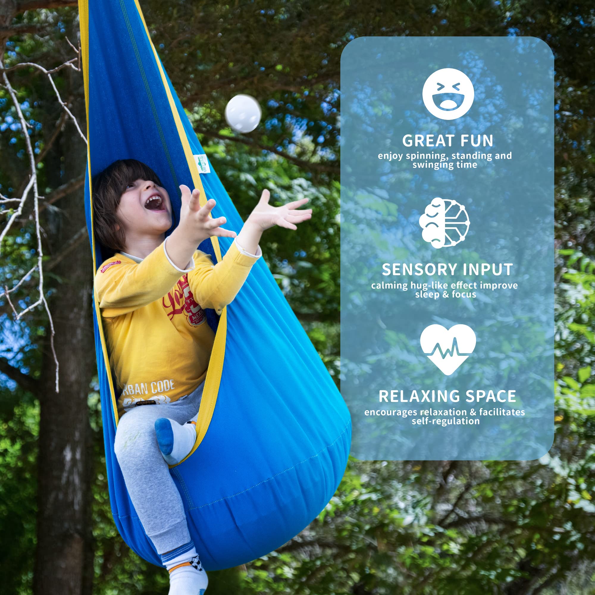 OUTREE pod swing hanging from a tree branch for outdoor play and relaxation