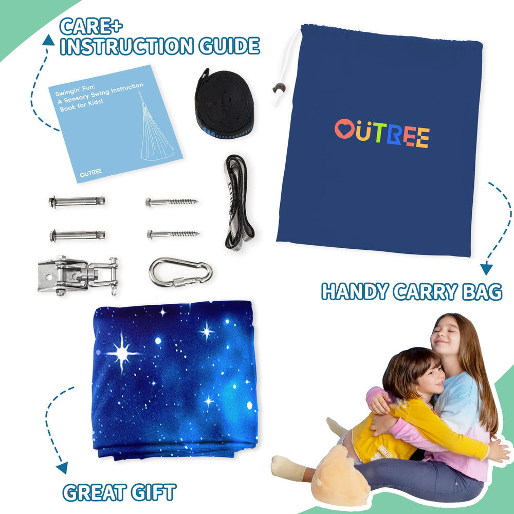 OUTREE child using swing showing enveloping hug-like support benefit security