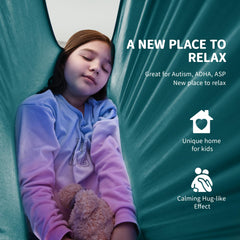 OUTREE swing with child inside demonstrating secure hug-like hold for calming benefit