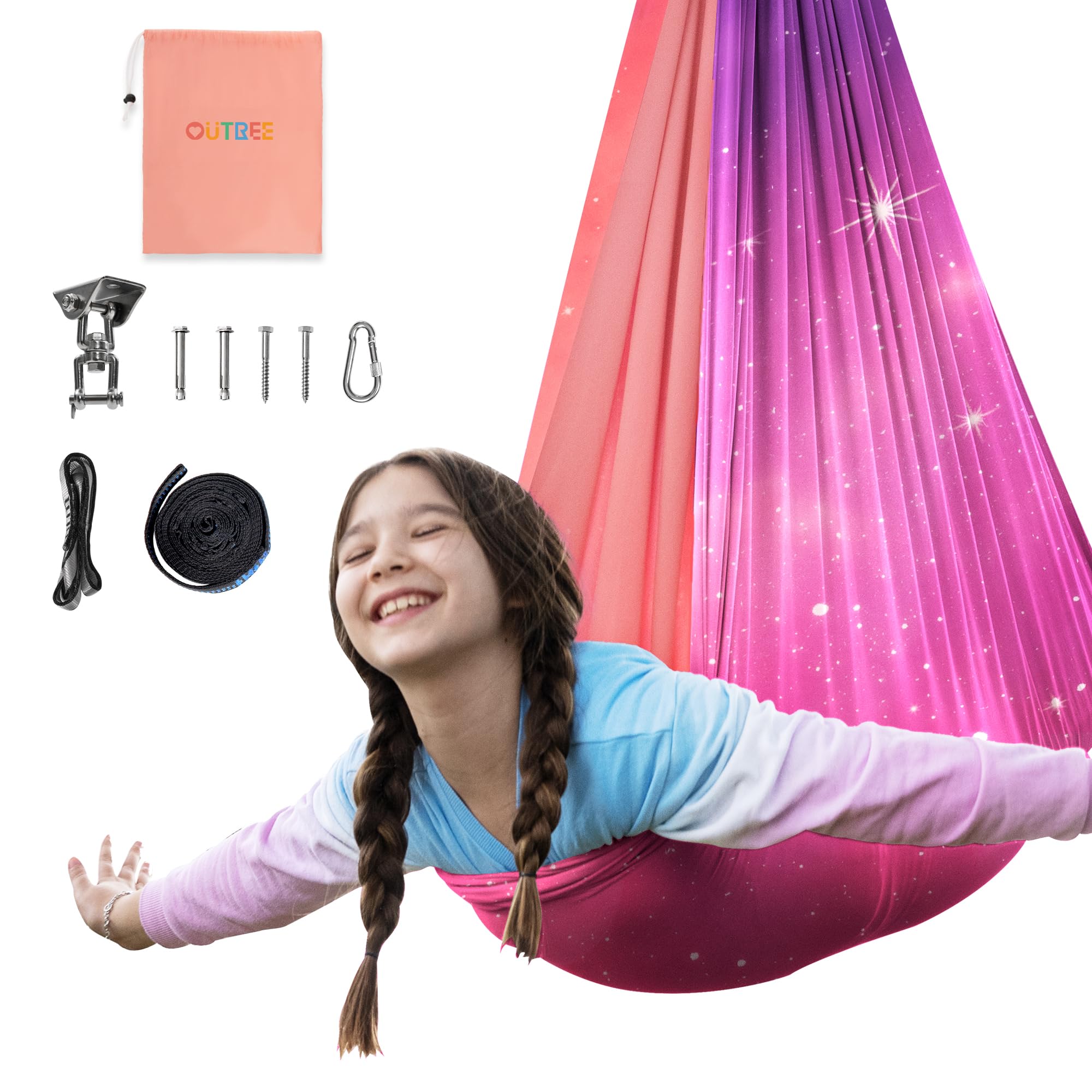 OUTREE front view of pink starry-sky hammock showing cozy build and inviting shape