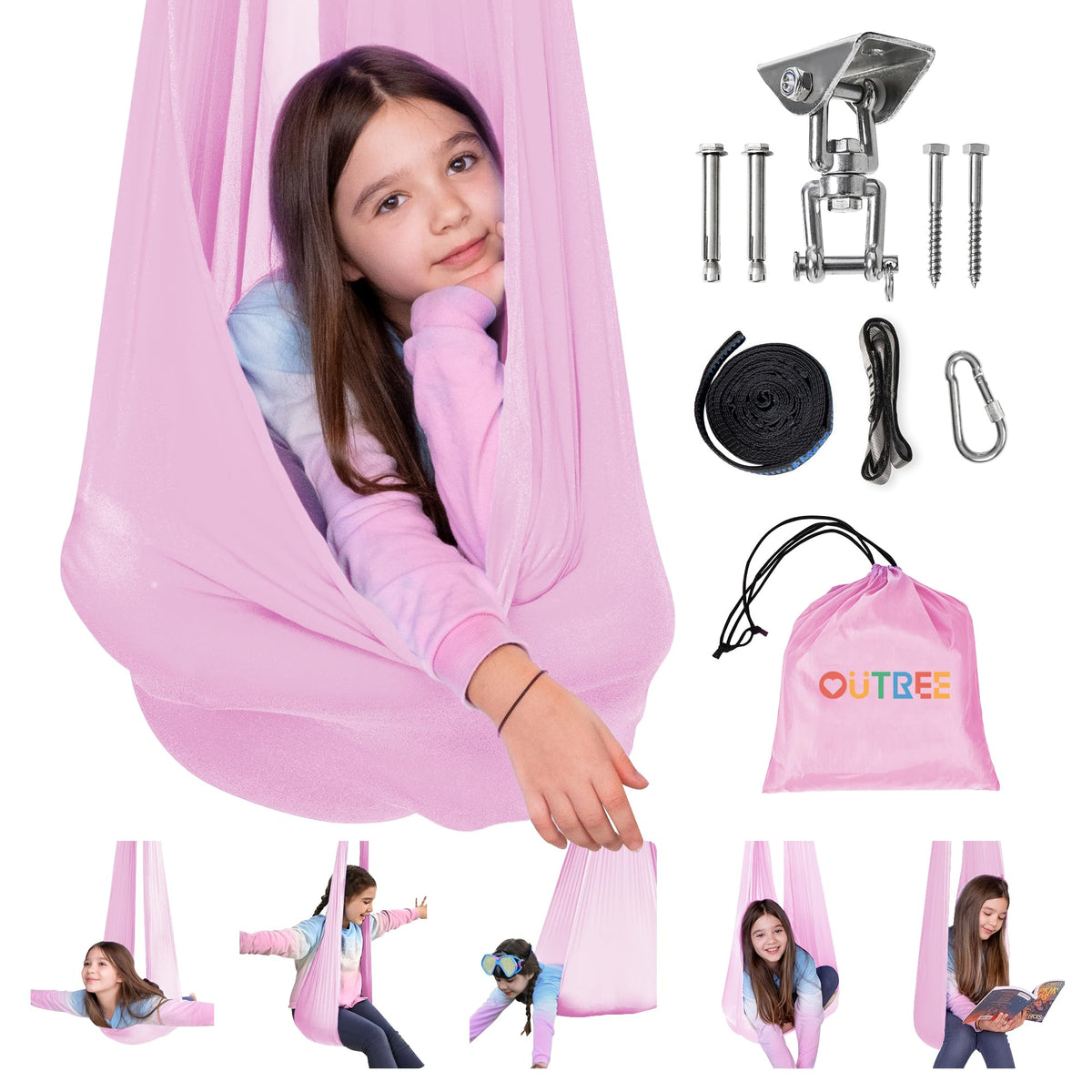 OUTREE swing front view showing cozy seat and pink fabric, promotes calm