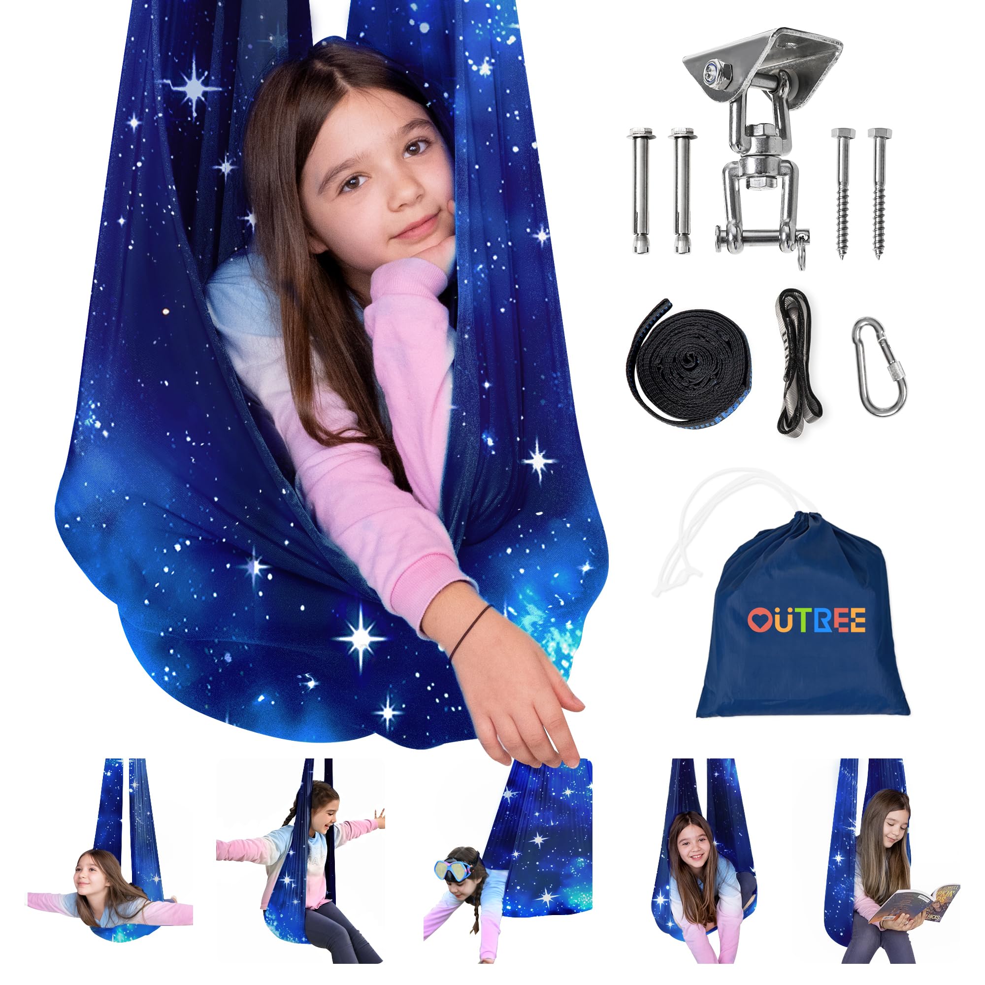 OUTREE swing front view showing blue star pattern and cozy seat benefit comfort