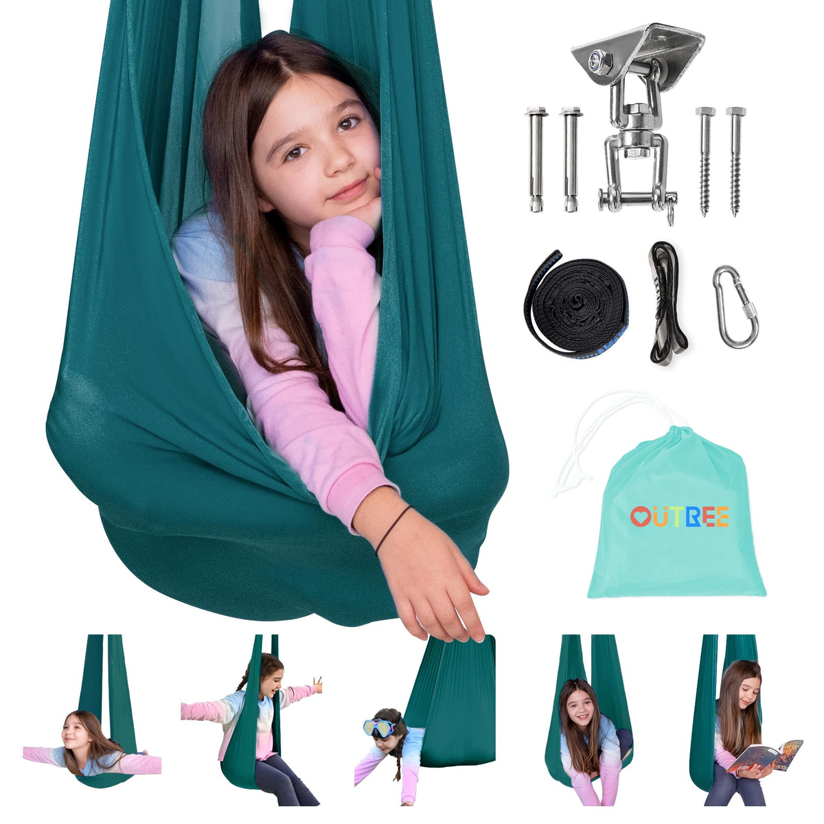 OUTREE sensory swing front view showing cozy pod and entrance benefit comfort