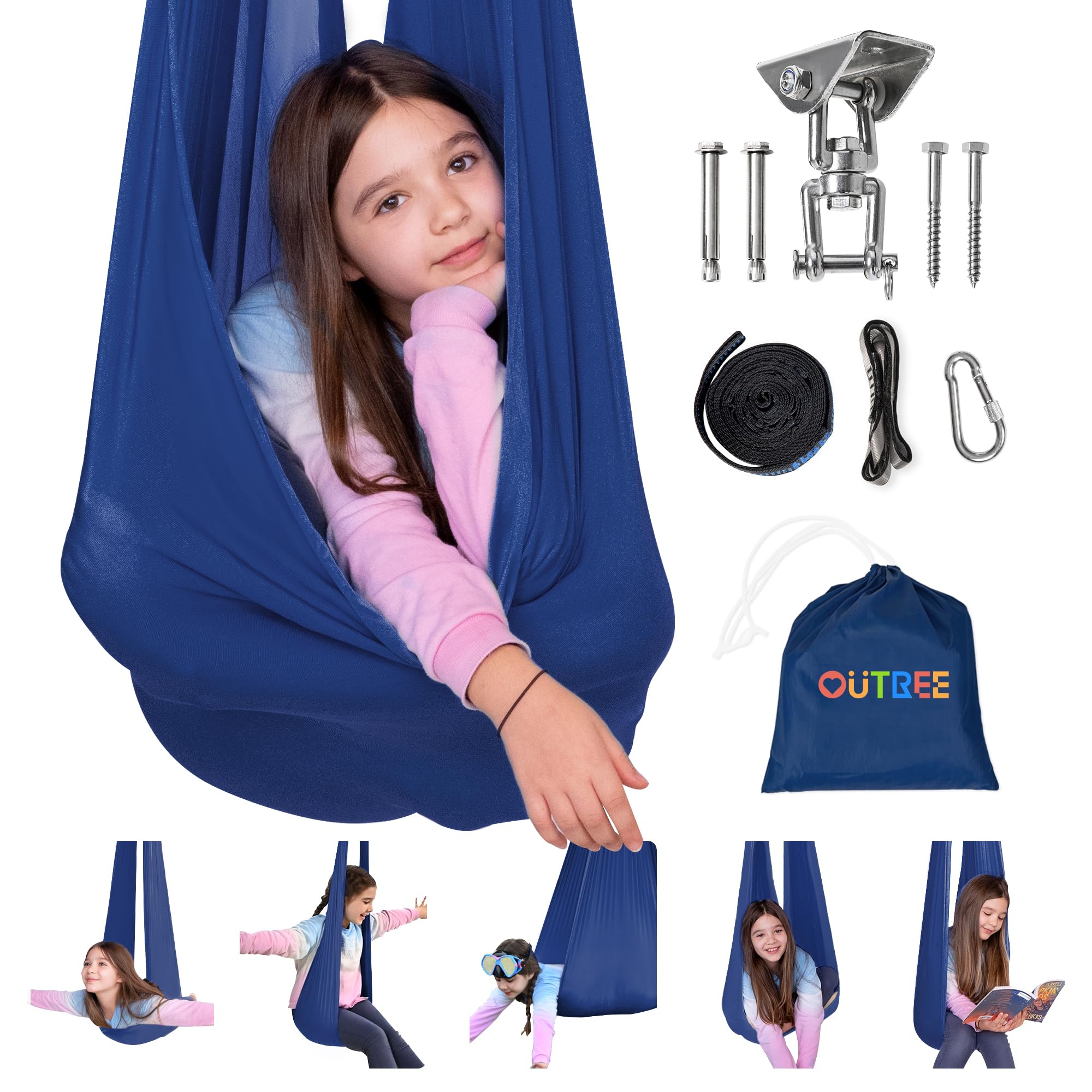 OUTREE swing front view showing navy hammock and inviting shape for calming