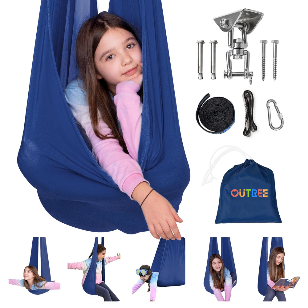 OUTREE swing front view showing navy hammock and inviting shape for calming