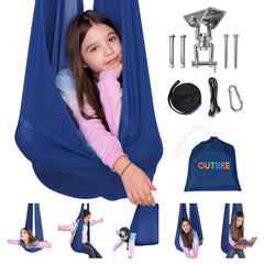 OUTREE swing front view showing navy hammock and inviting shape for calming