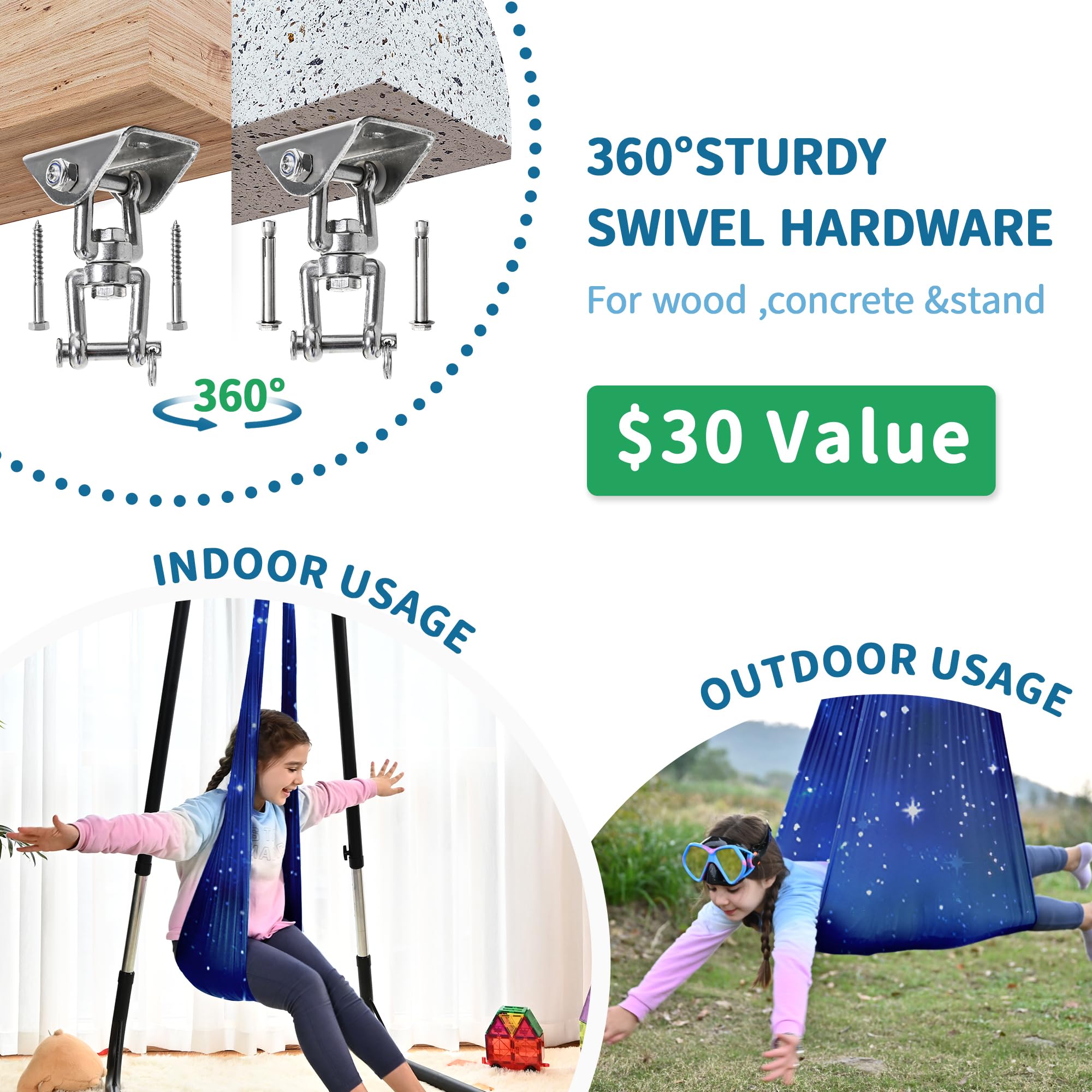 OUTREE swing with child for size and scale showing stable seating support