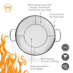 Outset basket on grill with vegetables and shrimp showing enhanced smoke flavor