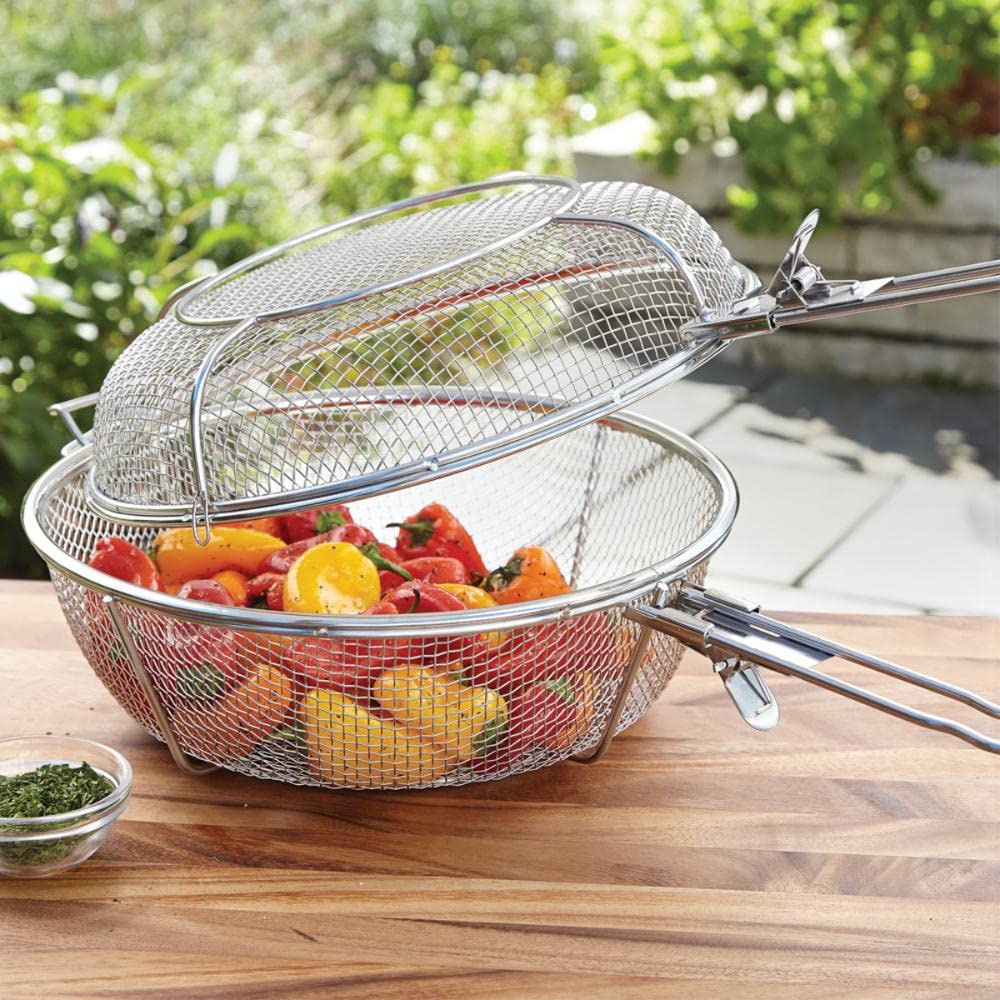 Outset basket next to dinner plate showing scale and large capacity for family portions