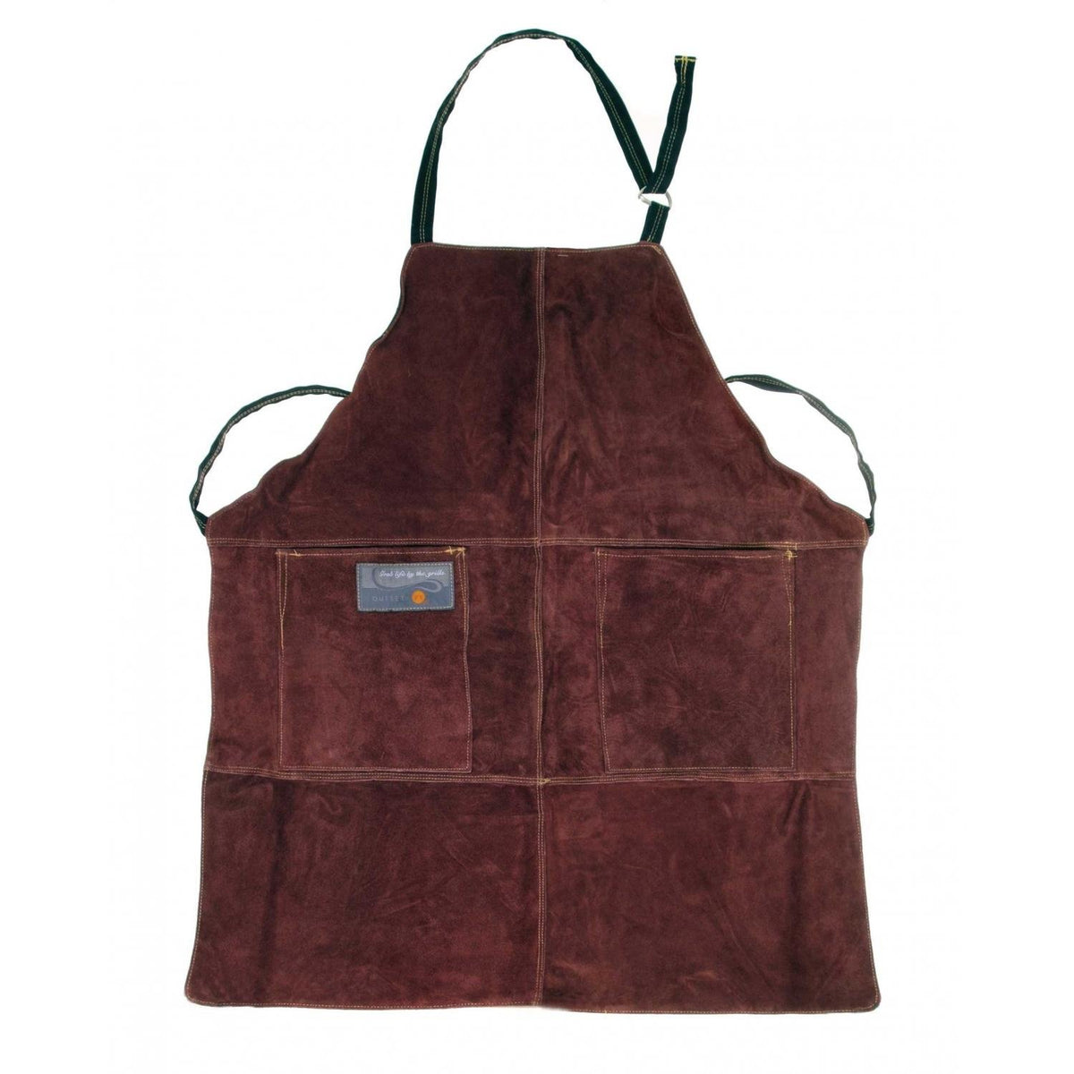 Outset brown leather apron front view showing full coverage and pockets for convenience