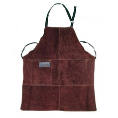 Outset brown leather apron front view showing full coverage and pockets for convenience
