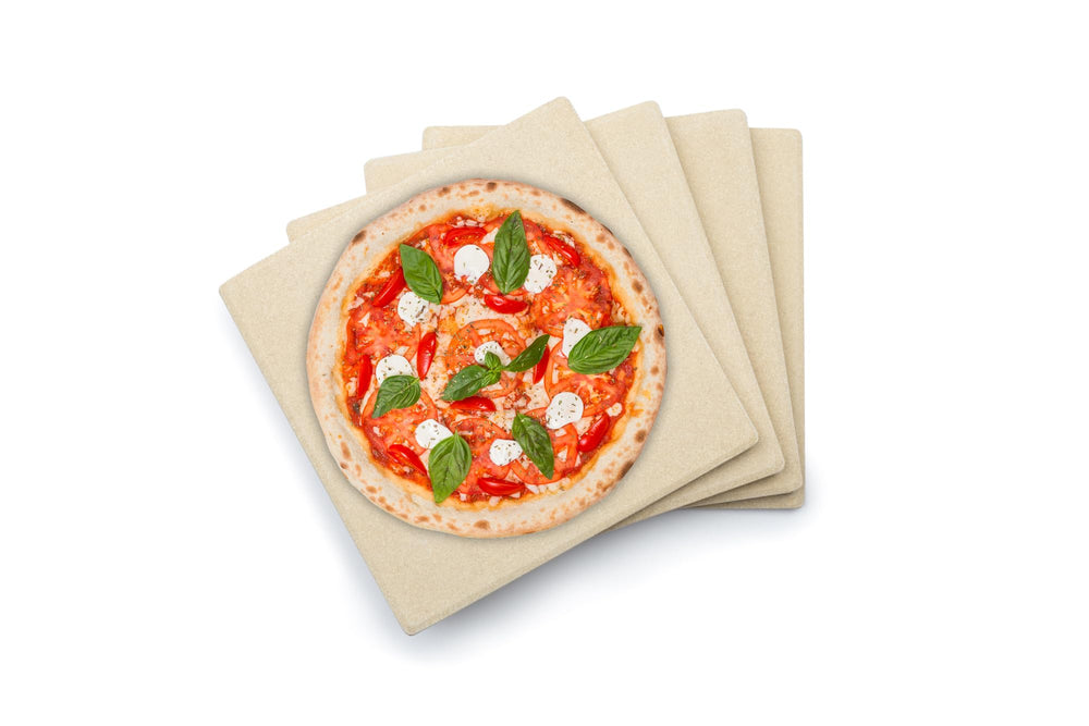 Outset front view of four pizza tiles showing compact set and easy storage benefit