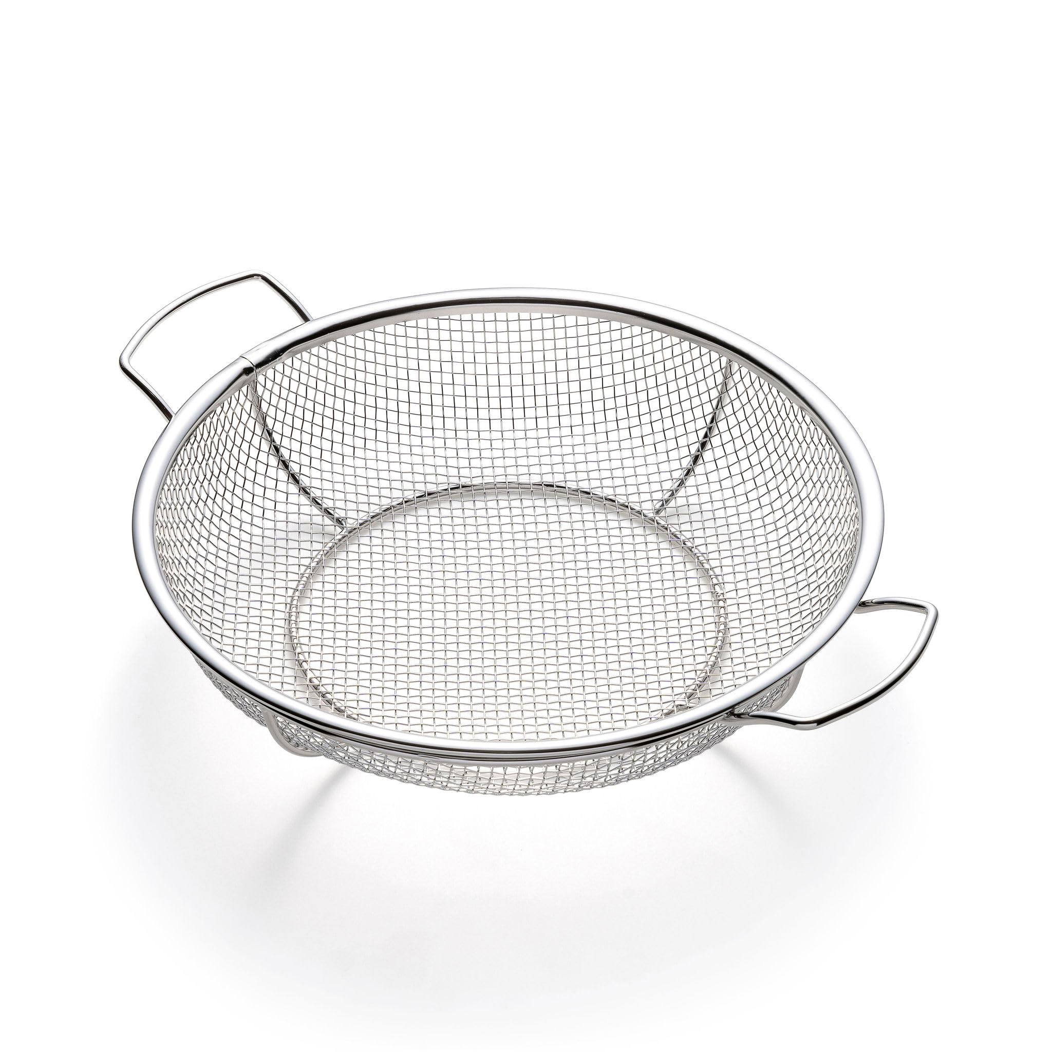 Outset front view mesh basket showing full grilling surface and durable finish for better sears