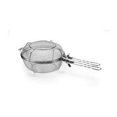 Outset front view of jumbo grill basket showing sturdy stainless-steel build and handles, easy grilling