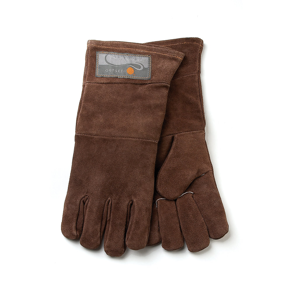 Outset brown leather gloves front view showing full pair and coverage benefit