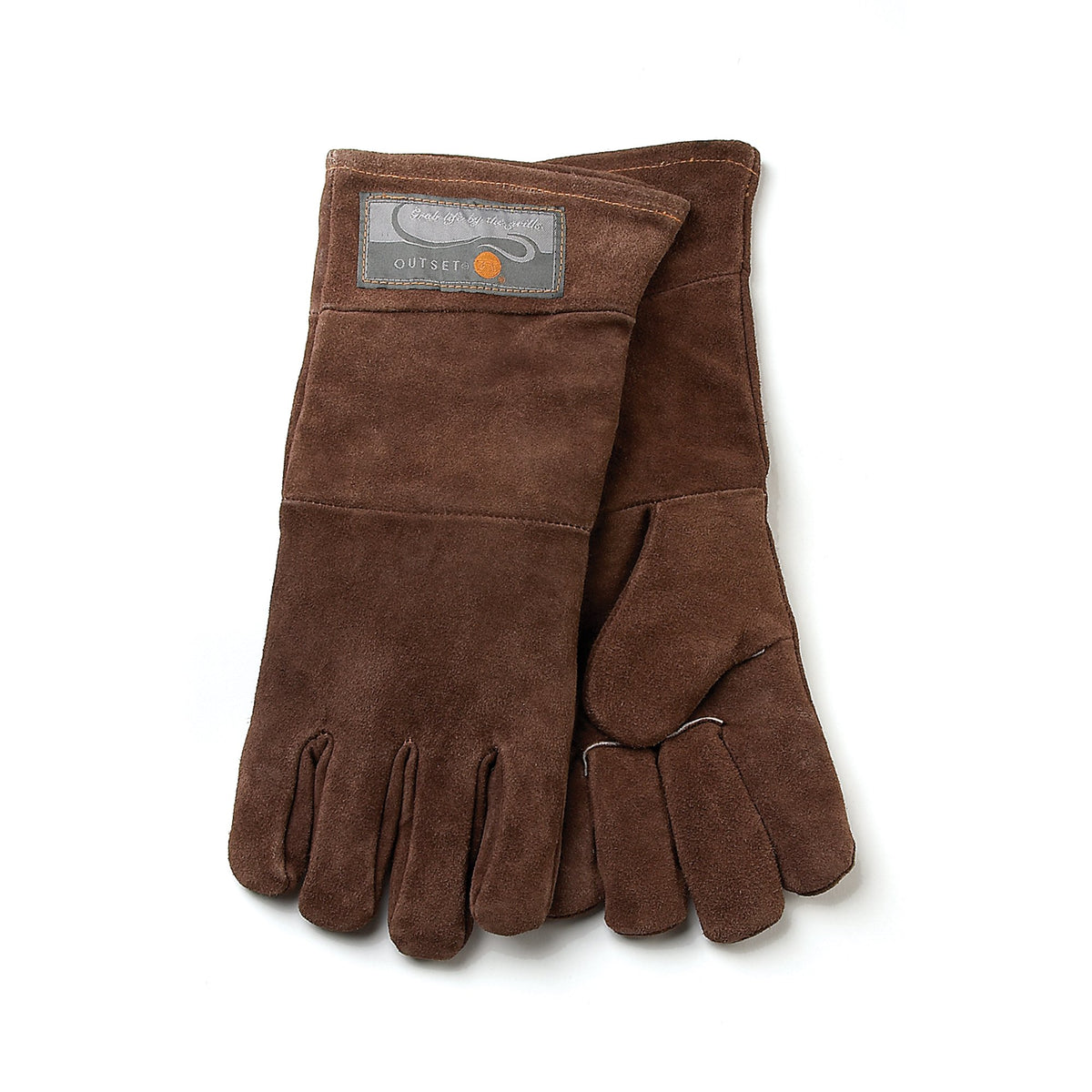 Outset brown leather gloves front view showing full pair and coverage benefit